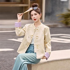 新中式风一字盘扣立领洒金提花外套2535P135，女装短外套，乐衣轩