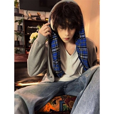 【有货】假两件格子拼接卫衣男款设计感连帽开衫外套JL97CC-特P68，女装短外套，星座1007（原301D）