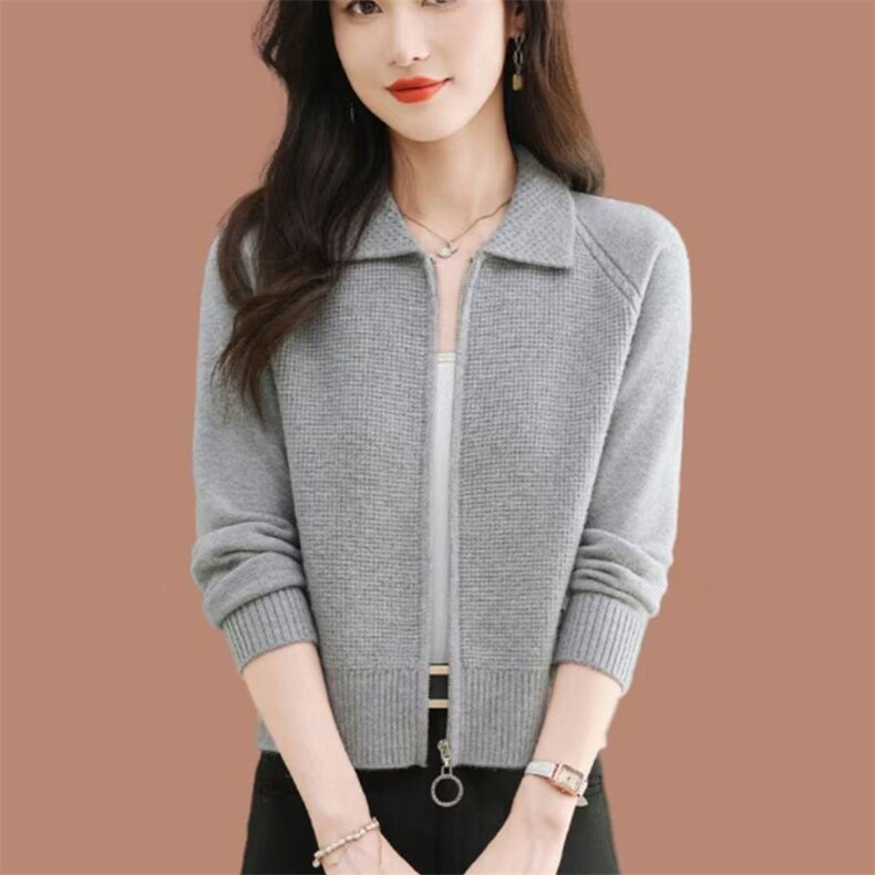 2025新款拉链翻领针织开衫女春秋短款羊毛外搭上衣洋气外套小个子，女装短外套，萱芳婷羊绒