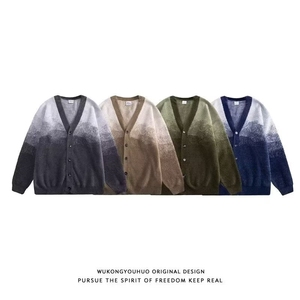 撞色渐变领宽松休闲针织开衫毛衣男女潮牌情侣针织衫图片