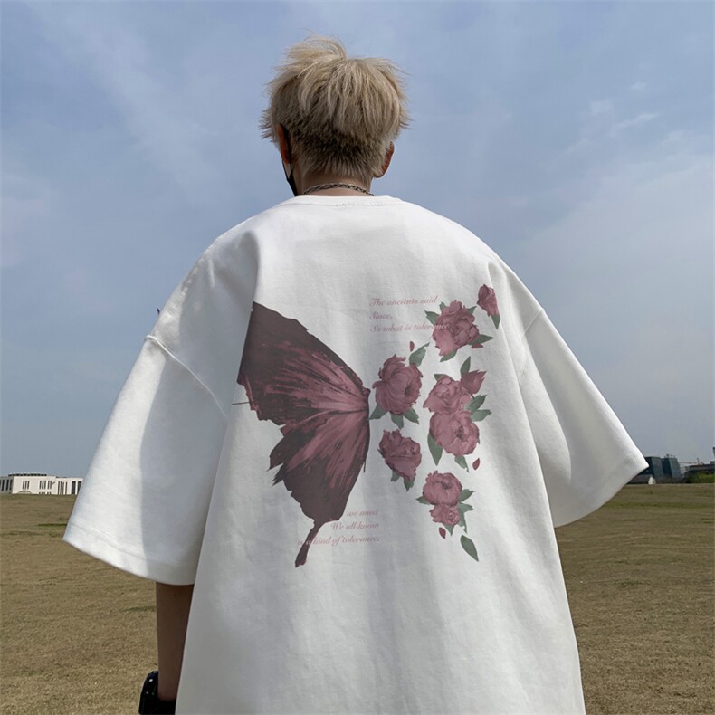 已注册/夏季外景纯棉重磅玫瑰蝴蝶短袖T恤男宽松打底衫DT9998/P25,男装T恤,电商B316