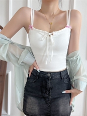 奶黄色纯欲甜辣风isn吊带小背心女新款氛围感蝴蝶结上衣，女装背心吊带，梦白服饰厂