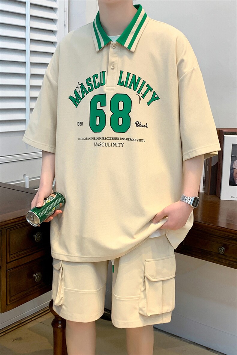 港风夏季短袖短裤两件套男潮情侣半袖POLO衫休闲T恤套装6630-P55,男装Polo衫,电商A441-1