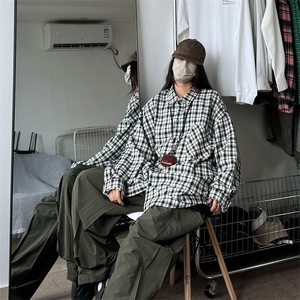 衬衫男秋季新款港风宽松磨毛格子长袖衬衣CS510-P38图片