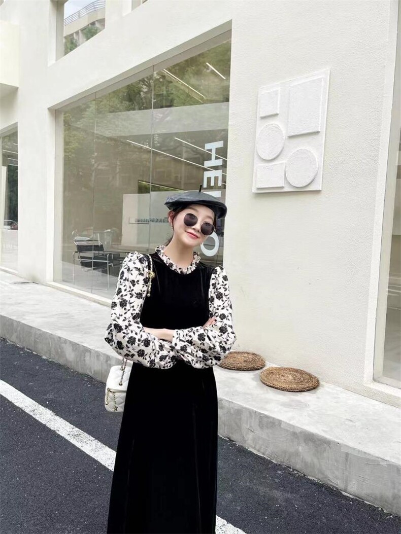 磨毛印花拼接丝绒裙，其它，Balance Studio