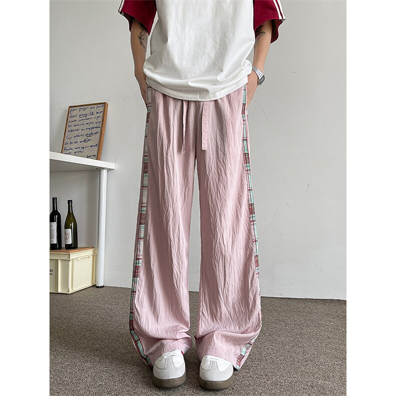 D206-1K9141P558XL-M拖地冰丝阔腿裤拼接山本裤男慵懒时尚格子裤,男装休闲裤,电商D206-1