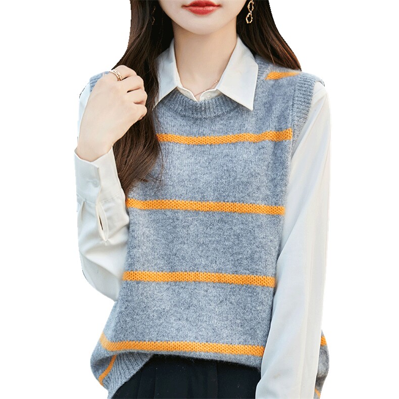 秋新款简约时尚羊毛条纹背心女宽松显瘦百搭针织马甲外套,女装马甲,冀清阳荣