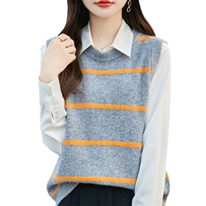 秋新款简约时尚羊毛条纹背心女宽松显瘦百搭针织马甲外套，女装马甲，冀清阳荣