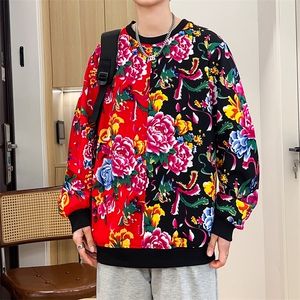 W1圆领大花大码卫衣拼接外套男撞色休闲套头衫潮团队服火锅店图片