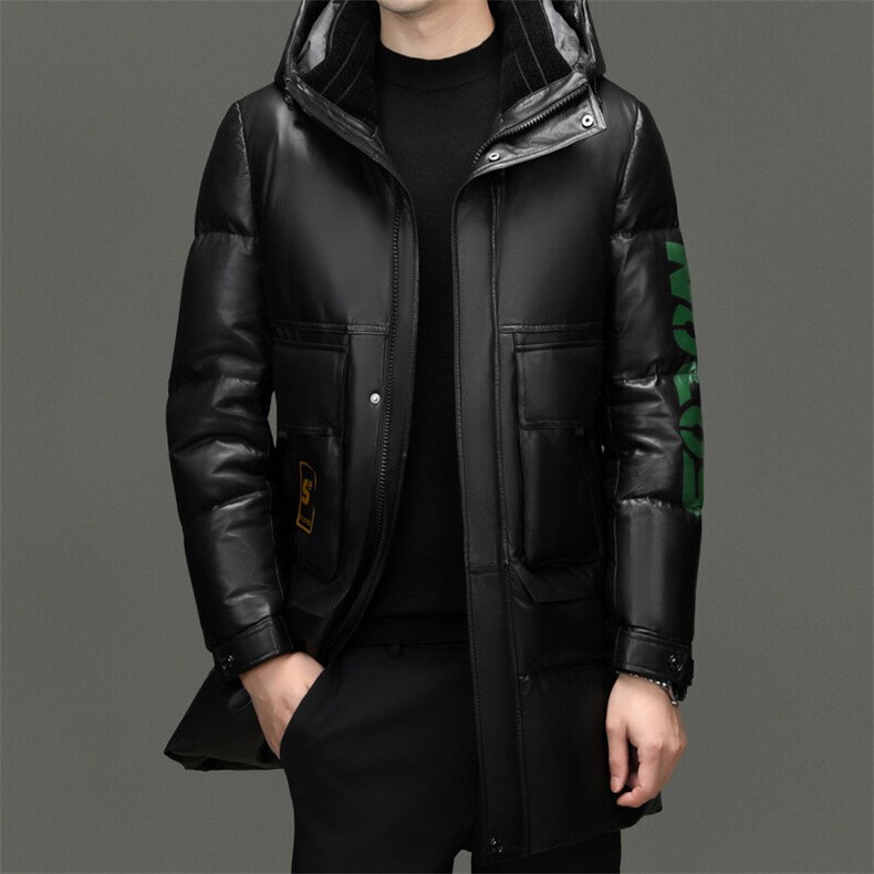BG2436冬季海宁男士真皮绵羊皮面包服加厚羽绒风衣连帽休闲皮衣图片