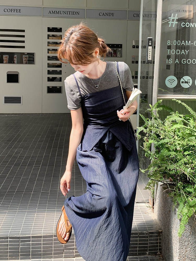 2025夏季新款韩版时尚短款小背心显瘦短袖长款假两件连衣裙,女装连衣裙,浙宝220