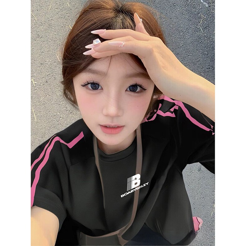 抖音得物品质二开240克宽松纯棉美式潮牌印花三条杠中性风短袖T恤,男装T恤,电商A486-1