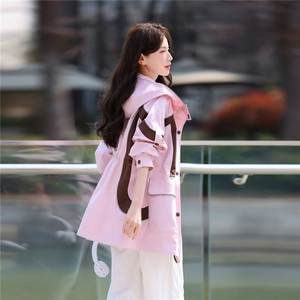 冲锋衣女款2026新款春秋中长款时尚拼色收腰显瘦防水连帽风衣外套图片