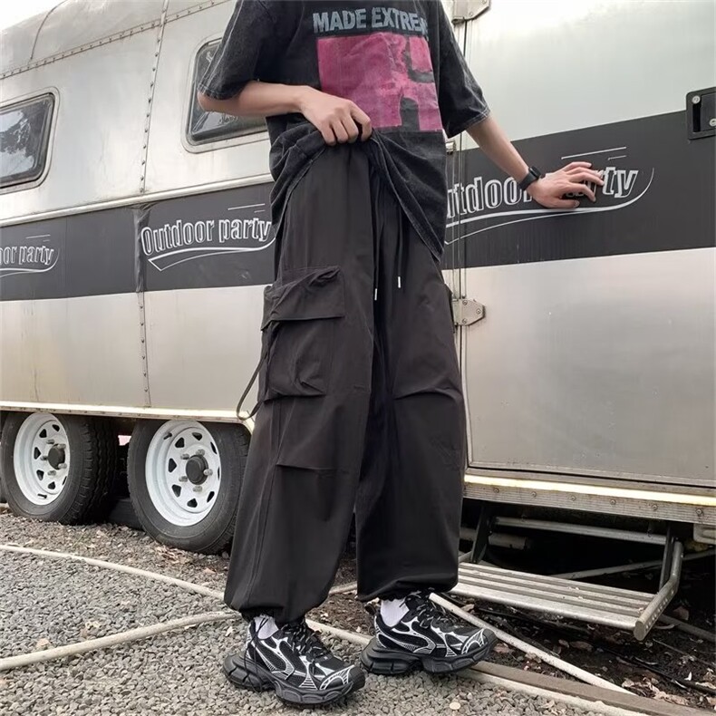 美式复古直筒伞兵工装裤潮牌男女秋季新款宽松蓝色阔腿裤灯笼裤,男装休闲裤,星座716-3