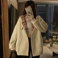 美式复古拼接格子连帽卫衣女初秋宽松hiphop开衫外套潮C812-P100，女装短外套，星座911-2(原星座613-2）