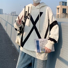 高级感小众字母提花连帽毛衣男女秋季日系复古宽松慵懒风针织外套，男装针织衫/毛衣，四季星座218-1