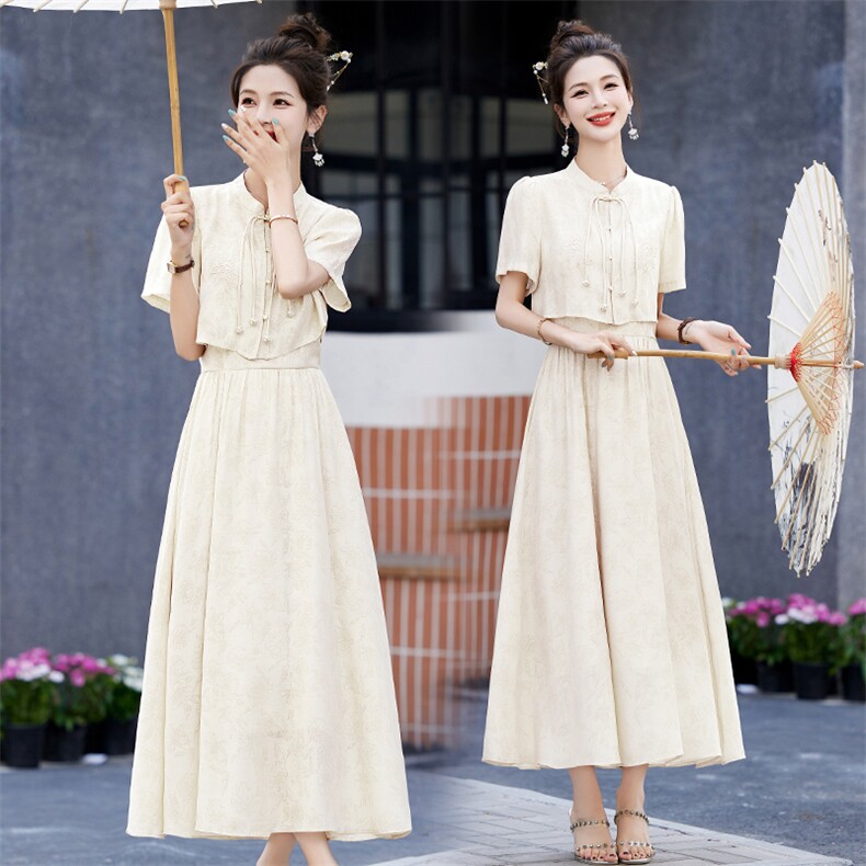 新中式国风吊带裙套装女2024夏季新款时尚高级感气质连衣裙两件套,女装套装/套裙,尚娜萱