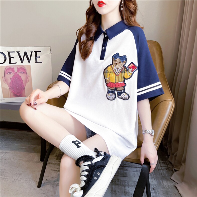 K4370夏装韩版宽松珠地布POLO领印花上衣中长款大码短袖T恤女P45，女装衬衫，星座309B-2