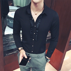 YC027-2021潮男花边装饰韩版修身长袖衬衣夜店酒吧理发师衬衫P40，男装衬衫，星座717A