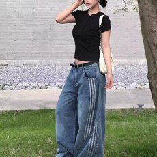 美式解构弯刀牛仔裤女设计感三条杠条纹拼接阔腿长裤N0257-P55，男装牛仔裤，星座308B-2