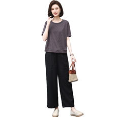 妈妈休闲女夏洋气微胖遮肉4050岁中年棉上衣棉麻阔腿裤，女装中老年女装，妃曼