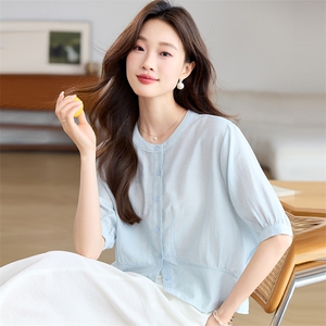 时尚休闲套装女2025夏新款宽松减龄薄款圆领衬衫上衣阔腿裤两件套图片