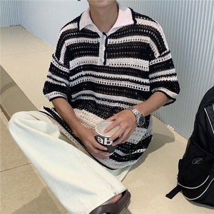 镂空彩色拼接短袖毛衣男翻领夏季宽松痞帅线衣针织衫MY390 P38图片