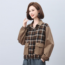 时尚格子拼接长袖衬衫女宽松显瘦百搭休闲上衣秋装新款韩版衬衣，女装衬衫，叶笙衣