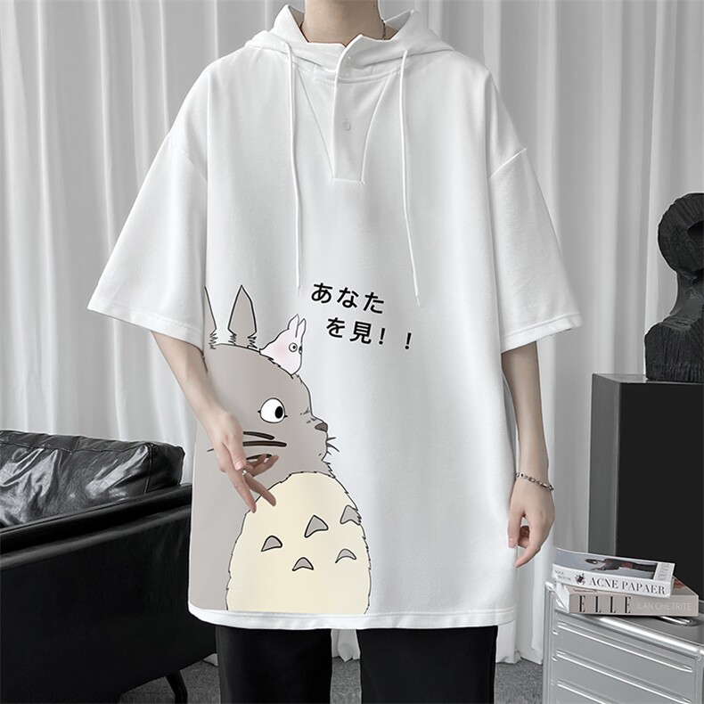 LD54150-P45 连帽短袖t恤男大码胖子带帽五分袖中袖图片