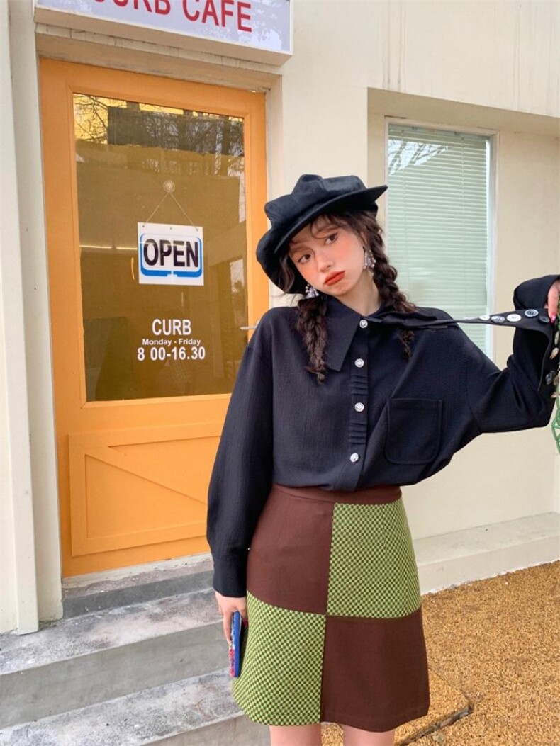 黑白两色改良尖领宽松衬衫，女装衬衫，YOUER DENG