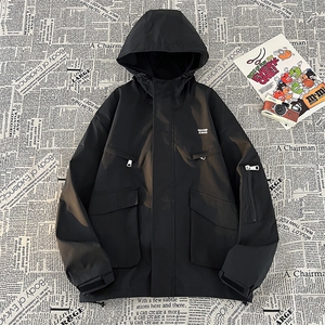 情侣款夹克春季工装潮户外刺绣冲锋衣男连帽外套A266-JK8019-P55图片