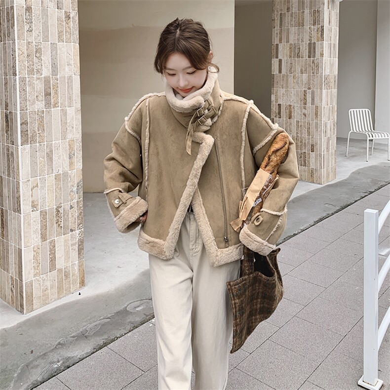 羊羔毛外套女冬皮毛一体麂皮短款保暖机车服上衣99033款P195K278,女装短外套,2C316