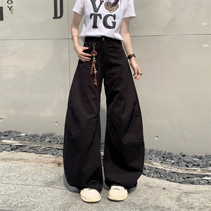 美式复古白色弯刀牛仔裤女潮褶皱宽松阔腿裤镰刀裤子YD9001-P65图片