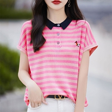 夏季洋气减龄POLO领针织衫短袖T恤女拼色条纹休闲翻领百搭上衣新，女装T恤，暖烁羊绒