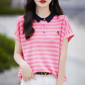 夏季洋气减龄POLO领针织衫短袖T恤女拼色条纹休闲翻领百搭上衣新图片