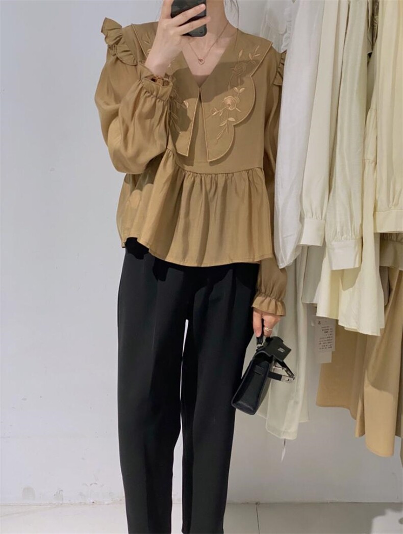 娃娃领刺绣小衫，其它，驿谷