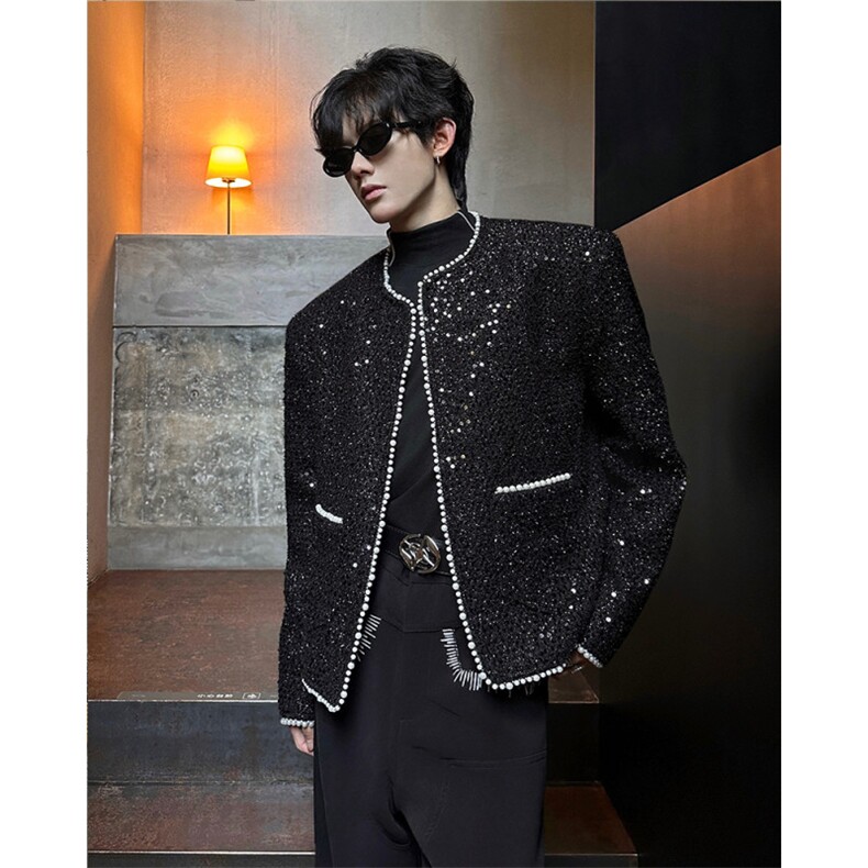 现货25秋冬舞台装男士亮片夜店珍珠毛呢小香风外套XXF36-P178，男装毛呢大衣，电商B288