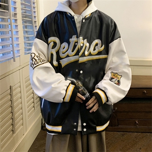 特批72控128 秋款pu皮拼色男士棒球领刺绣外套机动皮夹克潮PJ222图片