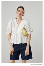 荷叶边V领白衬衫，女装衬衫，喜午