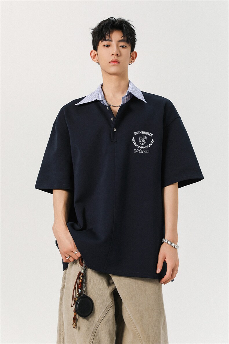 1假两件衬衫领POLO衫M-5XL大码潮流休闲短袖T恤DX78040特P48控78,男装T恤,星座226-2