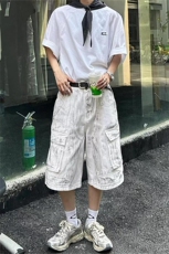 街头白色做旧工装水洗牛仔短裤男女夏款小众多口袋宽松直筒七分裤，男装牛仔裤，星座505-2（原电商A260-1)