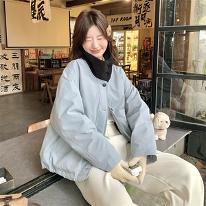 针织拼接蓝色羽绒服女冬季2025新款小个子面包服超好看减龄设计感图片