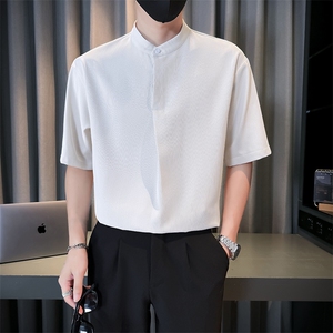 抖音夏季男士七分袖纯色冰丝衬衫男宽松衬衣A236-0855-P58图片