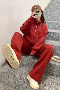 韩系慵懒chic红色休闲运动套装女2025春秋新款卫衣阔腿长裤两件套图片
