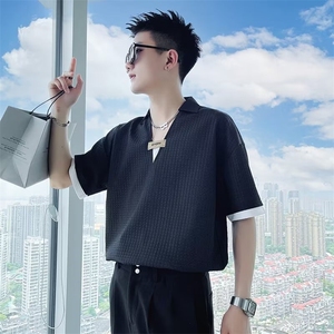 休闲痞帅短袖T恤男冰丝POLO衫ins潮牌夏季上衣2025新款半袖体恤男图片
