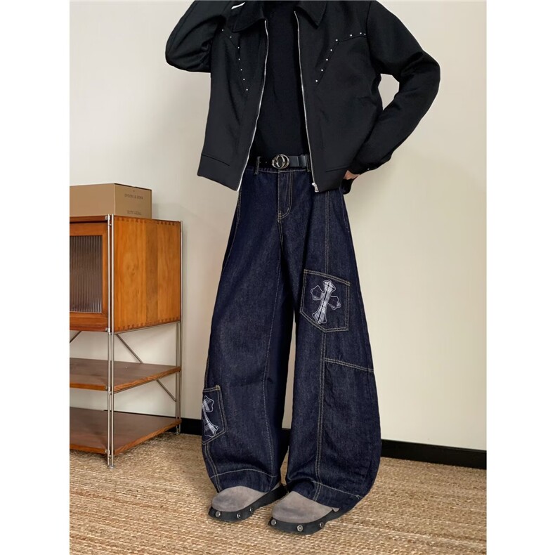 大口袋弯刀工装牛仔裤2025秋季新款宽松bf休闲长裤潮RK3187-P57，男装牛仔裤，星座412-3