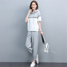 2021夏季新款简约时尚气质撞色连帽休闲舒适两件套，女装套装/套裙，丽影随形