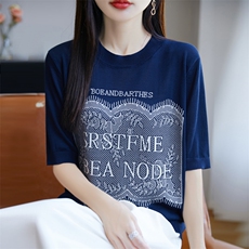 夏季圆领短袖t恤遮肚显瘦宽松减龄软糯天丝薄款上衣时尚印花小衫，女装针织衫/毛衣，源达羊绒