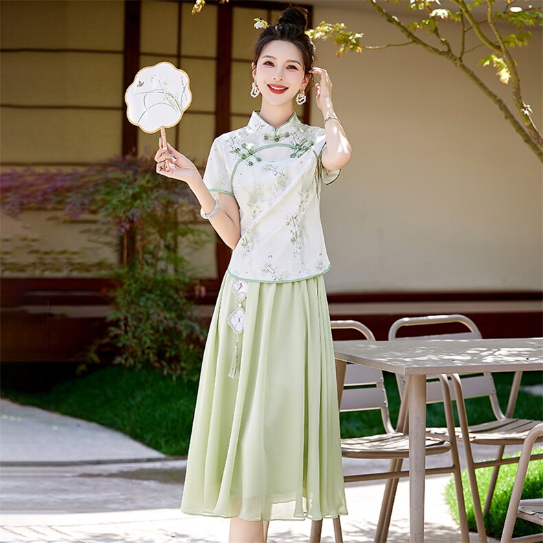 新中式改良旗袍套装连衣裙女2025夏季新款印花汉服禅意两件套裙子,女装套装/套裙,艾仟回(原伊仟回)