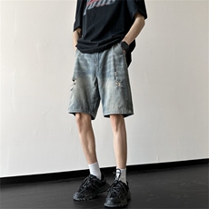 破洞牛仔短裤男夏季薄款2024新款美式复古裤子宽松潮牌大码五分裤，男装牛仔裤，星座410-7